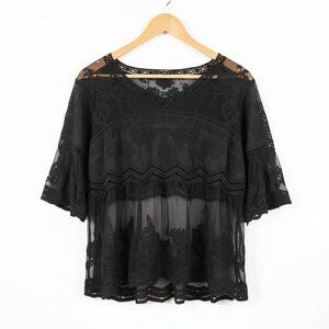 YEST Black Lace Semi Sheer Tiered Babydoll Blouse Size 12